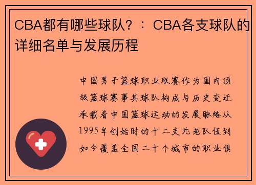 CBA都有哪些球队？：CBA各支球队的详细名单与发展历程