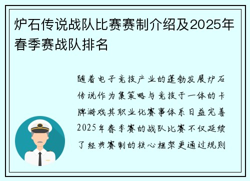 炉石传说战队比赛赛制介绍及2025年春季赛战队排名